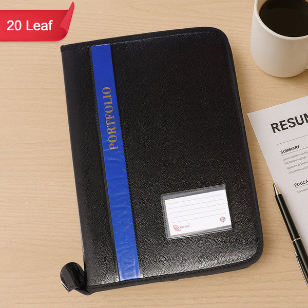 Black portfolio with blue strip on a wooden surface with a cup of coffee and resume.