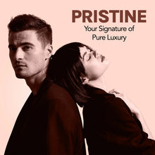Two people standing back-to-back with 'Pristine' branding on a pink background