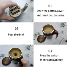 Instructions for using a battery-operated mug with a switch to stir automatically.