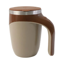 Beige mug with brown handle and lid on a white background