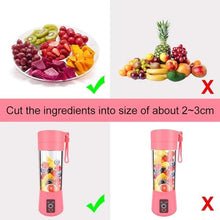 Comparison of cut fruits for a blender with text instructions on size.