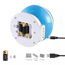 Blue and white electronic device with batteries and charging cable on a white background