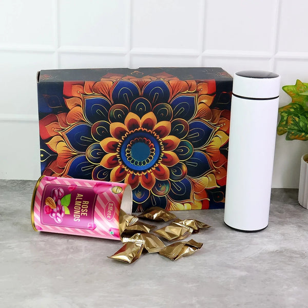 Diwali Gift Hampers & Boxes,
Effete Rose Almonds Gift Hamper, Golden With Bottle (2 Pc Set), Mix Color
