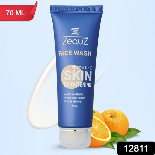 Zequiz face wash tube with oranges on a light blue background