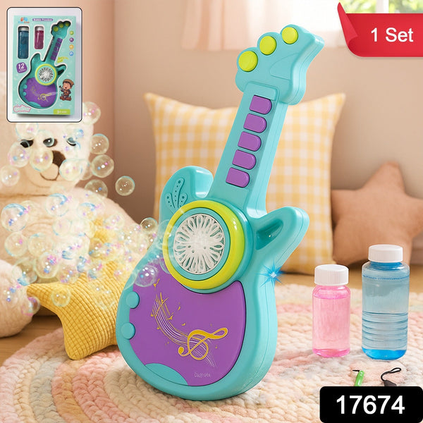 Children's toy guitar with bubble-making feature on a soft surface with bubbles and packaging.