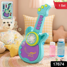 Children's toy guitar with bubble-making feature on a soft surface with bubbles and packaging.