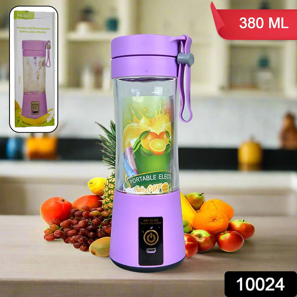 Purple portable blender with fruit on a kitchen counter