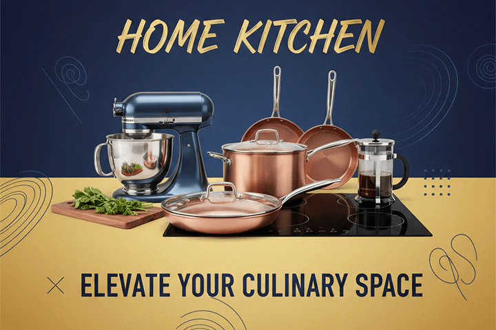 Home kitchen appliances and utensils with “Elevate Your Culinary Space” text