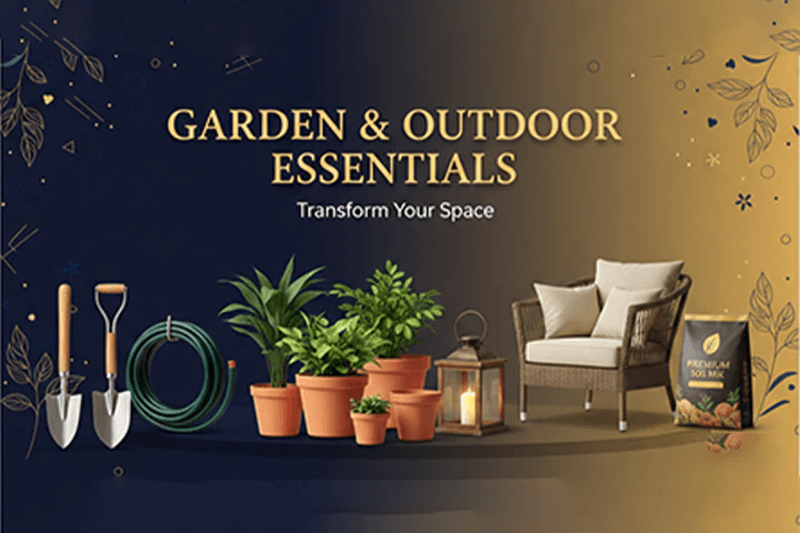 Garden and outdoor essentials with furniture and plants on a gradient background