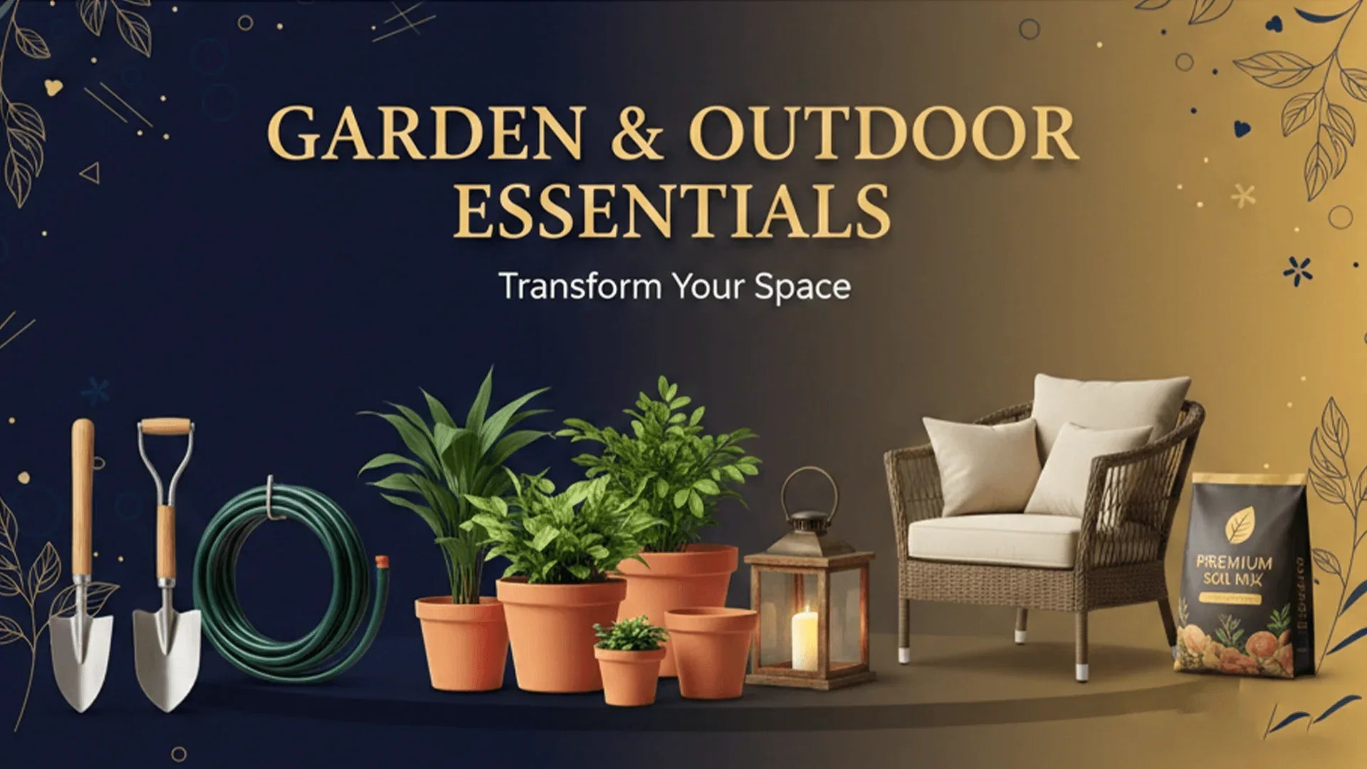 Garden and outdoor essentials with furniture and plants on a gradient background