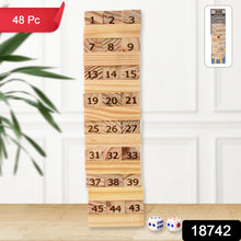 Wooden number blocks with dice on a white background